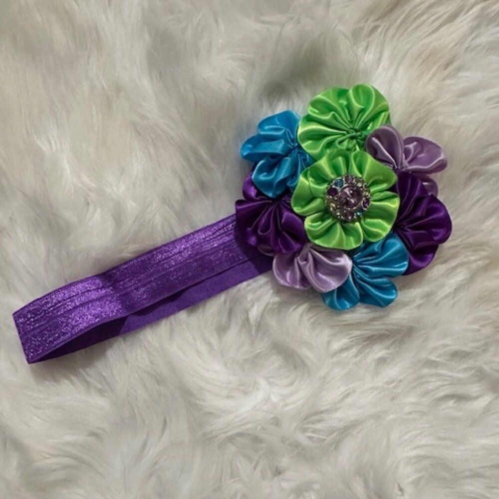 Purple with Green 3 1/2" Satin Flower Cluster on FOE Headband 7458  Handmade NWT